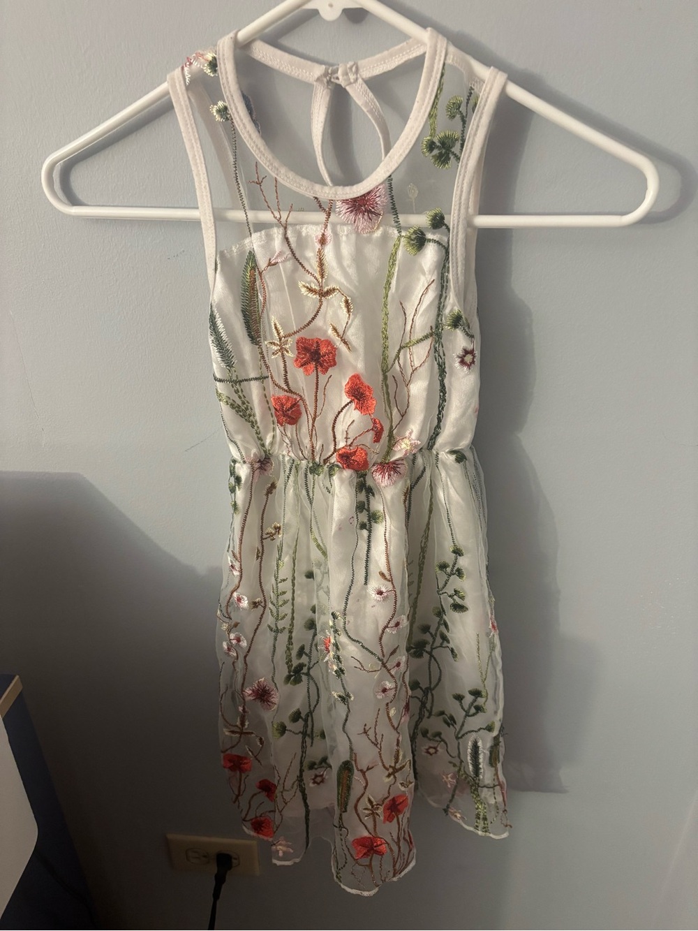 White Floral Embroidered Girls' Dress with Red Accents